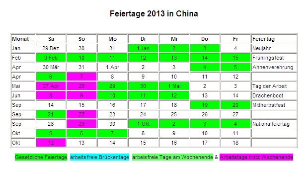 Kalender 2013 f�r China Feiertage