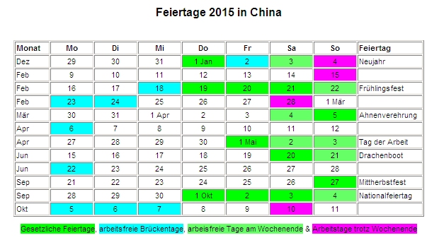 Kalender 2015 f�r China Feiertage