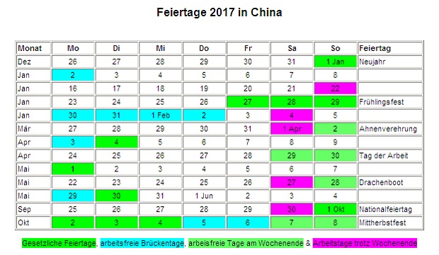 Kalender 2017 f�r China Feiertage